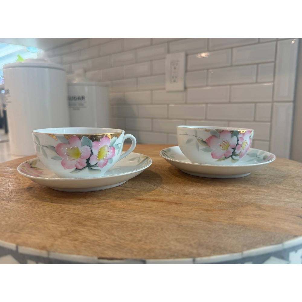 Vintage Noritake Hand Painted Tea Cups Saucers Set 2 Pink Floral Gold Trim Japan
